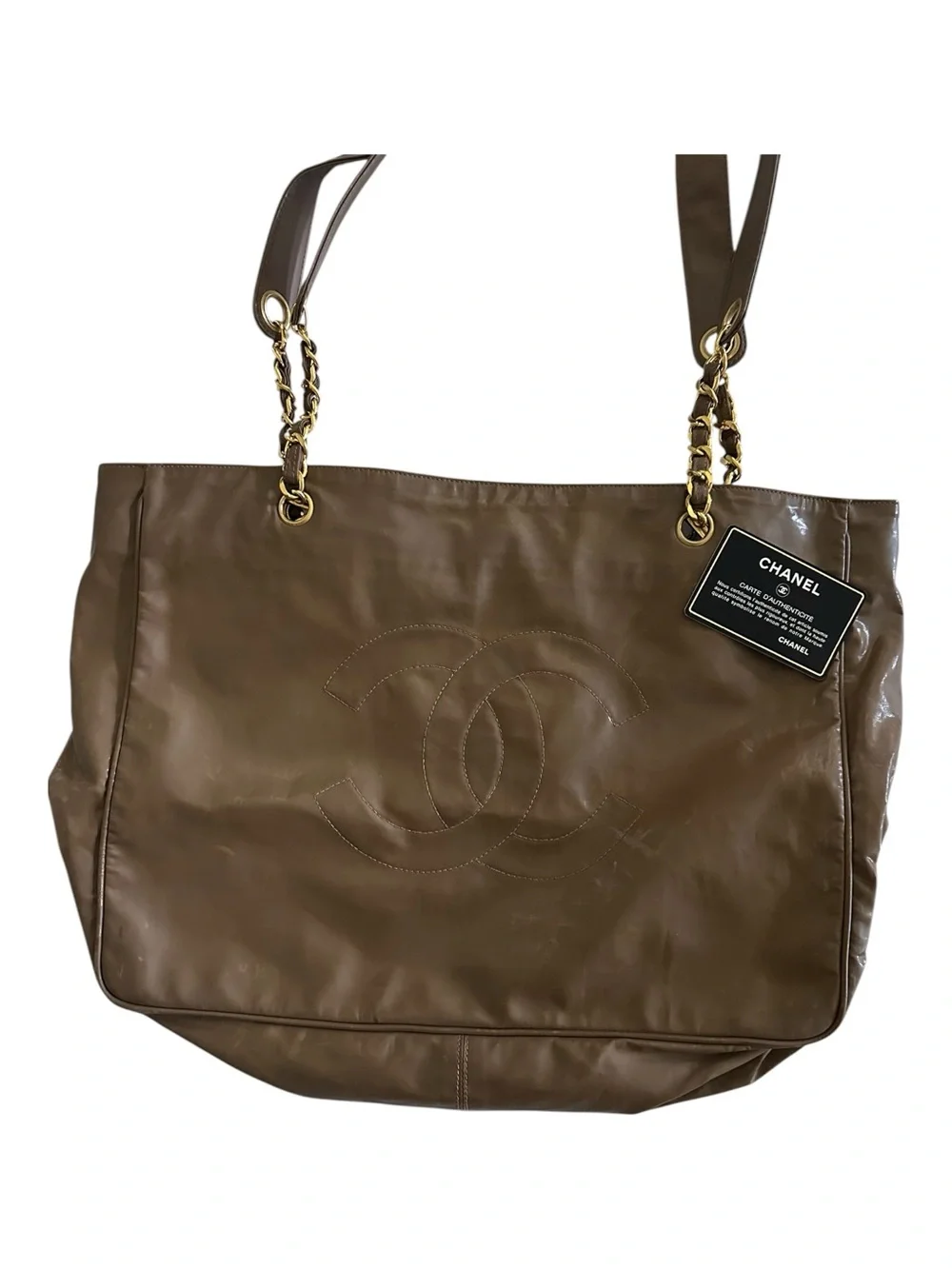 RARE Chanel Vintage XL CC Coated Canvas Chain Tote Brown 3 Series w/Auth Card